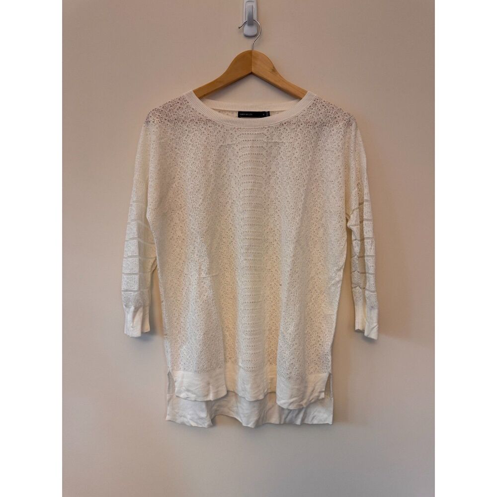 Karen Millen White Open Knit Pullover Sweater 3/4 Sleeves with Shirttail Size 4